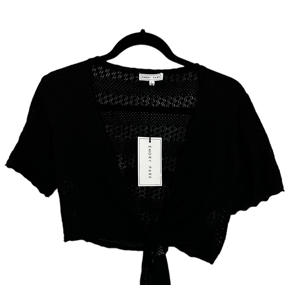 Black Lace wrap shirt - NEW, size Large. Short sleeve, stretchy.